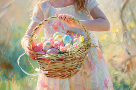 In the Warmth of Spring, a Delighted Girl Shows Off Her Easter Basket Brimming with Colorful Eggs and Fresh Garden Flowersの素材