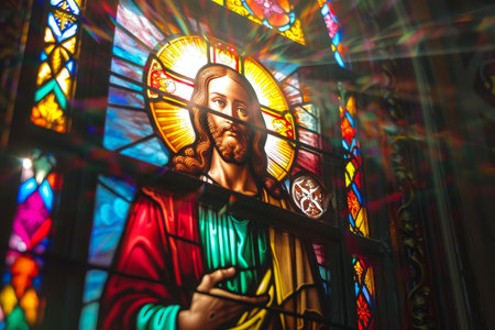 Divine Light and Color: Celebrating Easter with a Masterfully Crafted Stained Glass Resurrection Sceneの素材