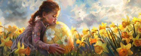 Spring's Delight: A Child's Playful Encounter with a Giant Easter Egg in a Field Full of Daffodilsの素材