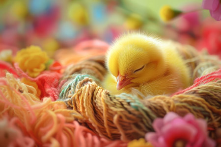 Spring's Embrace: A Cute Chick Finds Comfort in a Rainbow-Hued Yarn Nest, Celebrating Easter's Joyの素材