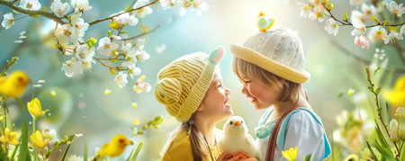 Handcrafted Chick Hats on Smiling Siblings: A Perfect Easter Day in the Gardenの素材