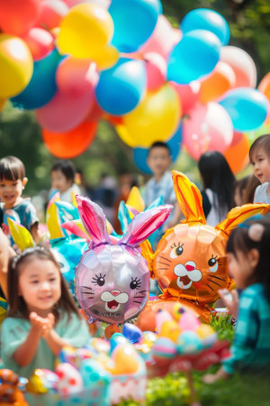 Easter Joy Unleashed: Children and Adults Delighted by Floating Bunny-Shaped Balloons at a Partyの素材