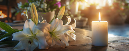 Easter's Gentle Embrace: Blooming White Lilies with a Candle's Warm Glow Symbolizing Hope and Peaceの素材