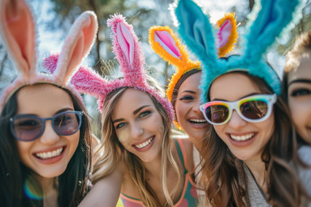 Bunny Ear Fun: A Group of Friends Capturing Easter Joy in a Playful Selfieの素材