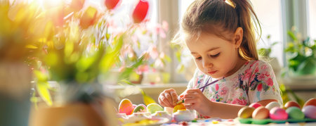 Springtime Creativity: A Girl's Joyful Morning Painting Easter Eggs in the Sunshineの素材