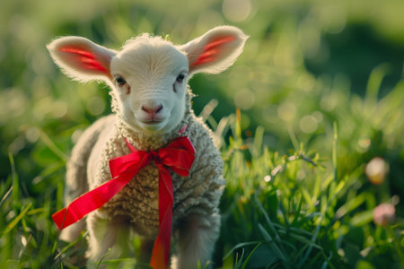 Spring's Gentle Messenger: A Serene Lamb with a Festive Ribbon, Symbolizing Easter's Renewalの素材