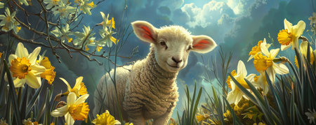Joyful Lamb Celebrating Spring Among a Field of Golden Daffodilsの素材