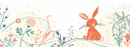 Easter Whimsy: A Bunny's Soft Whiskers Illustrated with Delicate Curves and Dots Amidst Blooming Flowersの素材