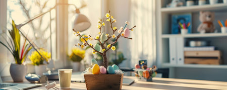 Celebrating Spring in the Workspace: The Charm of a Mini Easter Egg Tree on an Employee's Deskの素材