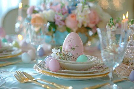 Celebrating Easter in Style: A Table Set with Floral Elegance and Seasonal Delights for a Memorable Brunchの素材