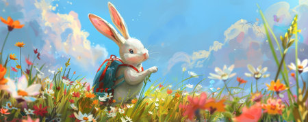 Hopping into Easter: A Delightful Bunny with a Backpack Exploring a Flower-Filled Wonderlandの素材
