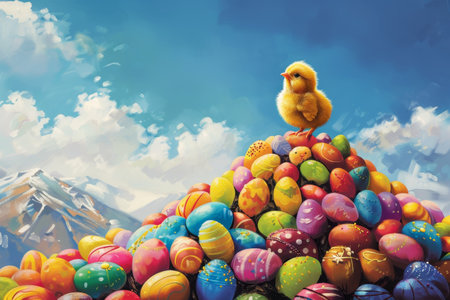 Spring's Sweet Summit: A Cute Chick Enjoys the View from a Mountain Made of Easter Chocolate Eggsの素材