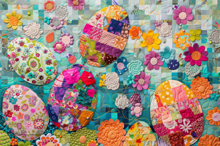 Festive Easter Quilt: A Unique Patchwork of Colorful Eggs and Blooming Spring Flowersの素材