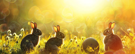 Easter Silhouettes Against the Morning Light: A Pastel Sunrise Over a Lush Meadowの素材