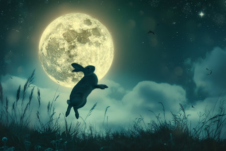 A Serene Easter Scene: The Shadow of a Bunny Leaping Over the Moonの素材