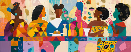 Joyful Unity: An Abstract Illustration of Loved Ones Reuniting for a Festive Easter Mealの素材