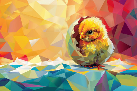 Easter's Digital Artistry: A Polygonal Egg Cracks Open to Reveal a Bright Yellow Chickの素材