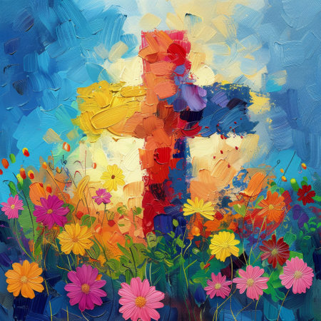 Spring's Embrace: A Cross with Blooming Abstract Flowers Symbolizing Renewal and Faithの素材