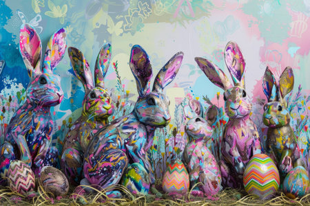 Easter Extravaganza: A Vibrant Tapestry of Abstract Rabbits and Decorative Eggs in a Lush Meadowの素材