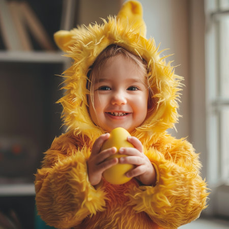 Spring Joy: Adorable Toddler Dressed as a Chick with a Festive Easter Egg in Handの素材