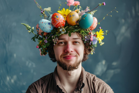 Festive Spirit in Full Bloom: A Man's Creative Expression Through a Floral and Egg-Decorated Easter Crownの素材