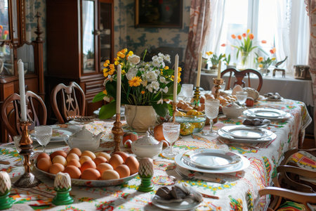 Celebrating Spring with a Masterpiece: The Colorful Cross-Stitched Tablecloth for Easterの素材
