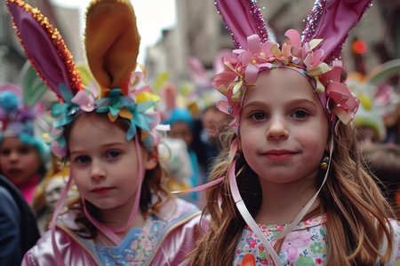 Easter Elegance: A Festive Display of Bunny Ear Headbands and Spring-Themed Accessories at the Community Paradeの素材