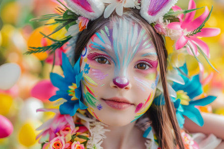 Easter Magic Through Art: Kids Showcasing Their Bunny and Egg Face Paintings at a Spring Celebrationの素材
