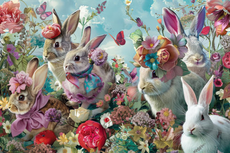 Spring's Delight: Fashionable Rabbits Showcasing Pastel Scarves and Accessories in a Vibrant Easter Gardenの素材