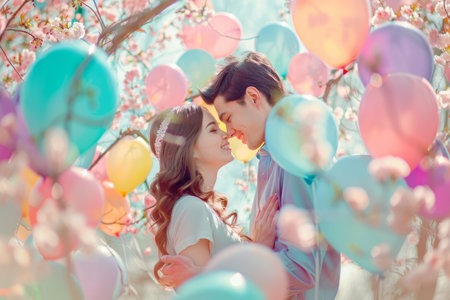 Easter Joy and Love: A Couple Celebrates with a Colorful Array of Pastel Balloons Amidst Spring Bloomsの素材