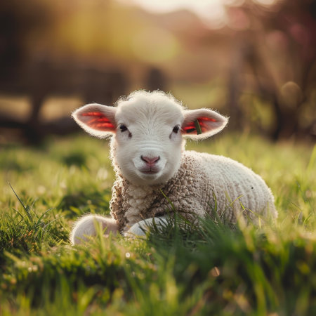 Easter's Gentle Ambassador: A Lamb Rests in the Embrace of Spring's First Grassの素材