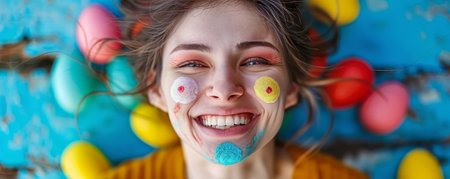 A Portrait of Easter Joy: Vibrant Egg Paintings Adorn the Cheeks of a Happy Celebrantの素材