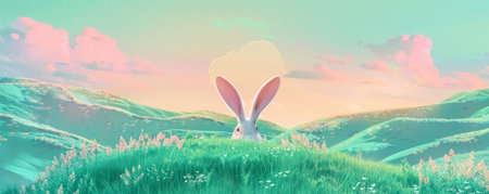 Spring Awakening: Vibrant Abstract Bunny Ears Accentuating the Hill's Silhouette Against a Pastel Morning Skyの素材