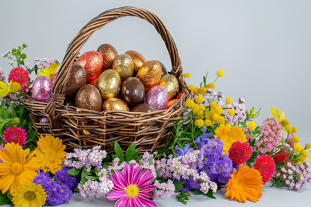 Spring's Bounty: A Festive Easter Basket Filled to the Brim with Colorful Chocolate Eggs and Fresh Flowersの素材