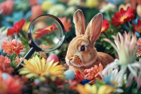 Easter Exploration: A Playful Bunny Uses a Magnifying Glass to Find Colorful Eggs in a Flower-Filled Meadowの素材