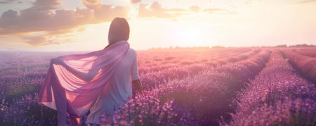 A Peaceful Easter Retreat: Woman Embracing Spring's Warmth in a Blooming Lavender Fieldの素材