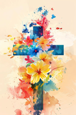 Faith in Bloom: A Vibrant Artistic Rendering of a Stylized Cross with Spring Flowers in Abstract Imageryの素材