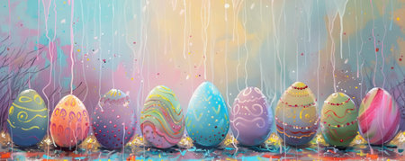 Spring's Gentle Touch: Abstract Pastel Raindrops Adorning Easter Eggs in Celebrationの素材