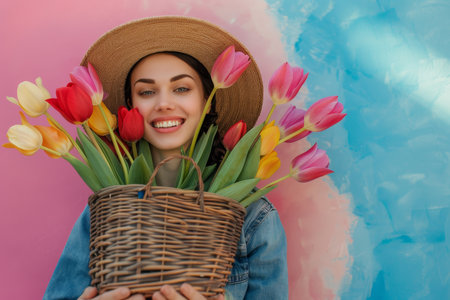 Easter Elegance: A Stylish Woman in Spring Attire Carrying a Basket Brimming with Brightly Colored Tulipsの素材