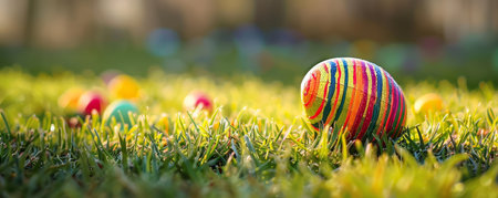 Spring's Gift: An Exquisitely Striped Easter Egg Cradled by Nature's Own Soft Grassの素材