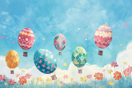 Springtime Fantasy: Easter Eggs as Hot Air Balloons Drifting Among Cloudsの素材