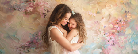 Springtime Bliss: Celebrating Easter with a Tender Mother-Daughter Embrace Against a Soft Pastel Backdropの素材