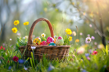 Spring's Bounty: An Exquisite Collection of Hand-Decorated Easter Eggs Nestled in a Meadow Basketの素材