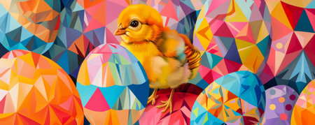 Celebrating Easter with a Twist: A Brightly Colored Chick and Geometric Eggsの素材