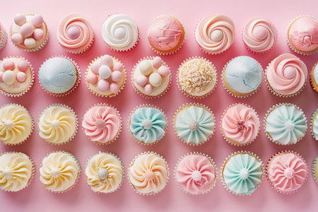 Sweet Easter Treats: A Row of Homemade Cupcakes Featuring Soft Pastel Icings for the Seasonの素材