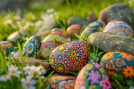 The Art of Easter: A Collection of Uniquely Designed, Hand-Painted Rocks Amidst the Freshness of Spring Greensの素材