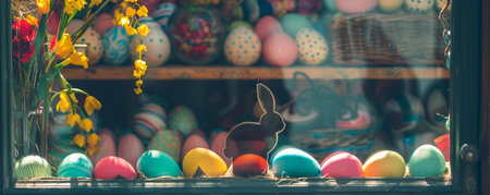 Celebrating Easter with Art: A Creative Window Display Featuring Egg Designs and Bunny Shapesの素材