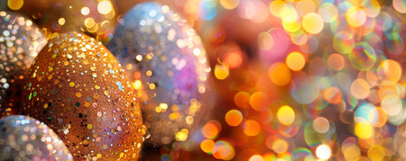 Festive Sparkle: An Intimate View of a Colorful, Glittering Easter Egg Ornament in Natural Daylightの素材