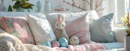 Festive Easter Decor: Charming Pastel Throw Pillows with Seasonal Designs Spread Across a Welcoming Sofaの素材