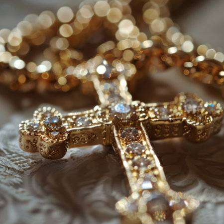 Resurrection Symbolized: An Exquisite Close-Up of a Cross Pendant Worn in Observance of Easter Sundayの素材